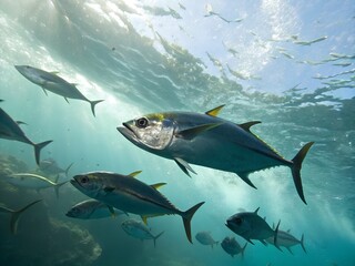 Fototapeta premium Tuna fish swim rapidly in formation under the shimmering ocean surface