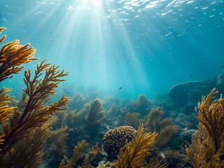 Obraz premium Underwater view of coral reefs illuminated by sunlight filtering through the ocean surface