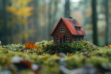 Model of a small house on the ground with moss and flowers ,Miniature model house on the ground with grass and flowers