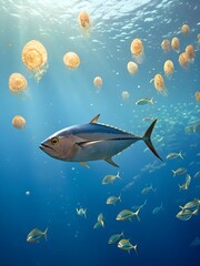 Obraz premium Realistic underwater view of tuna swimming amidst jellyfish and smaller fish in the ocean