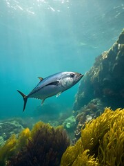 Obraz premium Tuna fish swimming gracefully near seaweed and rocks in a vibrant underwater environment