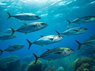 Multiple tuna fish swim swiftly in a vibrant underwater ecosystem