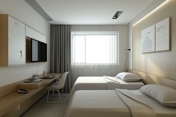 Fototapeta premium Modern hotel room with two beds, a white and grey color scheme, and a minimalist interior design in the small bedroom in Korea. There is no window, but there is a desk and a television. Front view. 