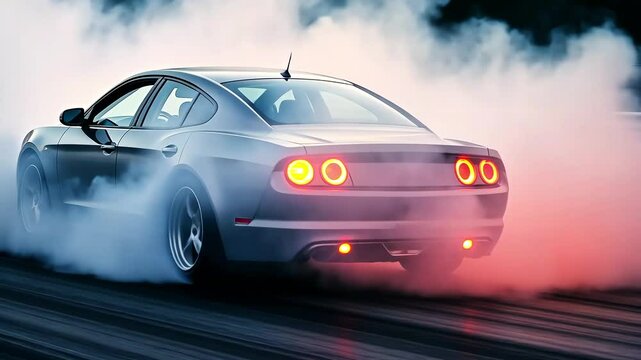Car moving backwards on the road in the dark, headlights, white smoke. Car drifting, concept of racing and driving a car at night