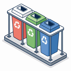 Design a bold vector illustration of a modern recycling station, emphasizing strong lines and vibrant colors.  Include clear sorting bins.