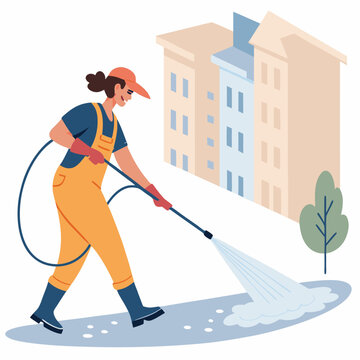woman cleaning street with water spray clip art preview