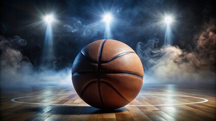 Fototapeta premium Dramatic Lighting Illuminates a Single Basketball on a Hardwood Court Center Circle, Evoking a Sense of Anticipation and Excitement