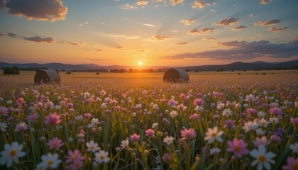 Fototapeta premium Serene Sunset Over Flower Field with Hay Bales in Background