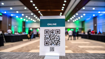 A sign displaying a QR code, labeled "ONLINE," is prominently featured in a spacious event venue with a blurred background of attendees and colorful lighting.