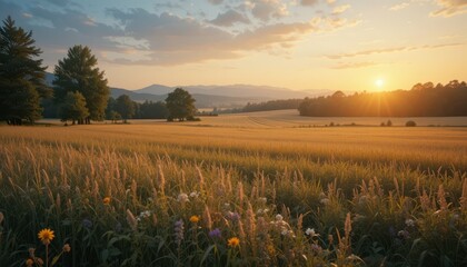Obraz premium Serene Sunrise Over Wheat Field with Elegant Wildflowers in Foreground