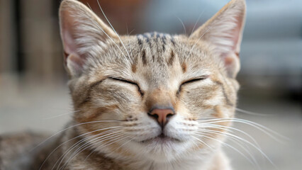 Obraz premium content cat with closed eyes displays serene expression, showcasing its relaxed demeanor and soft fur