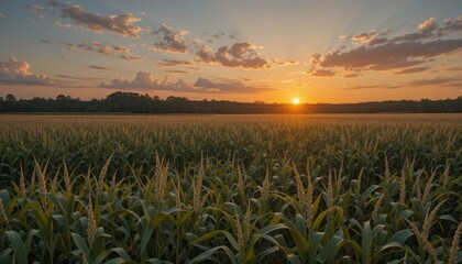Serene Sunrise Over Cornfield With Beautiful Sky and Clouds