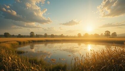 Naklejka premium Serene Sunset Over Calm Lake with Vast Fields and Gentle Clouds
