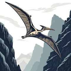 Create a vector illustration of a bold-stroke pteranodon in flight, soaring dynamically over a stylized capital letter 'C'.  Ensure high contrast and clean lines. © takasan