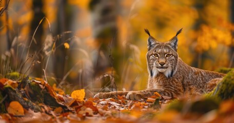 Naklejka premium a master photography portrait of a Norwegian lynx hunting in the forest in the autumn 