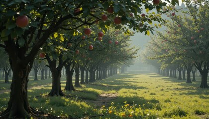 Fototapeta premium Lush Apple Orchard in Dawn Light with Gentle Mist and Green Grass