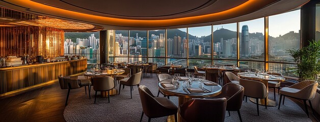 Fototapeta premium Modern luxury restaurant interior in a hotel, with tables and chairs decorated for dining or meeting on a terrace overlooking the city view. Wide-angle lens photo of a modern architectural interior 