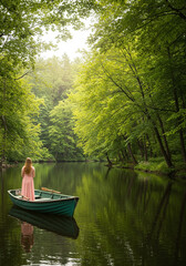 A peaceful moment on a tranquil river as a woman stands in a small boat, surrounded by nature.