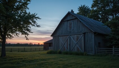 Obraz premium Serene Sunset Over Rustic Barn on Tranquil Countryside Farm