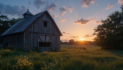 Obraz premium Rustic Barn at Sunset with Golden Light and Vibrant Nature Surroundings