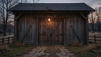 Naklejka premium Rustic Wooden Barn Entrance at Dusk with Soft Glowing Light