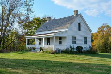 white cape cod house with a side gable roof and a manicured lawn,classic ranch house with wraparound porch and rocking chair on a sunny summer day