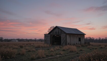 Obraz premium Rustic Barn at Dusk Under Vibrant Sky and Gentle Landscape