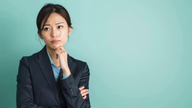 考えている日本人の女性会社員の写真（白背景・会社員・スーツ・OL・疑問・なぜ・不明・案内）	