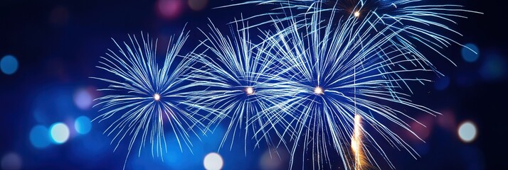 blue fireworks exploding on night background