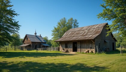 Rustic Farmhouse with Barn and Lush Green Fields in Daylight