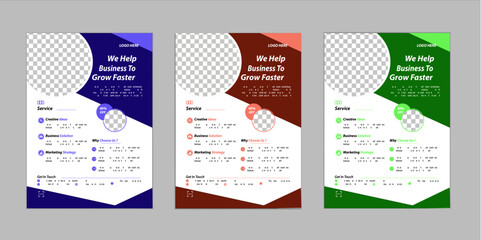 A bundle of 3 templates of different colors a4 flyer template, modern business flyer template,  Business abstract vector template. Brochure design, cover modern layout, annual report, poster.