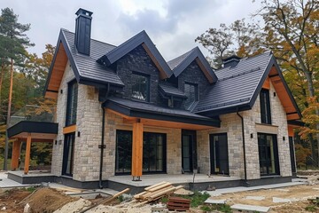 A modern stone house showcases large windows, elegant lighting, and a well maintained yard ,3d rendering of modern cozy clinker house on the ponds with garage and pool for sale or rent with beautiful 