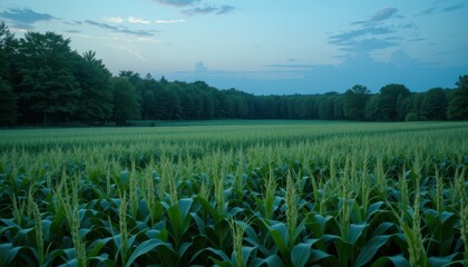 Lush Green Cornfield Under Blue Sky at Dusk in Rural Landscape