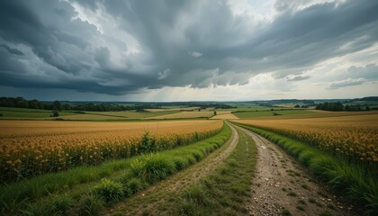 Obraz premium Serene Landscape with Dirt Path Through Golden Fields Under Clouds