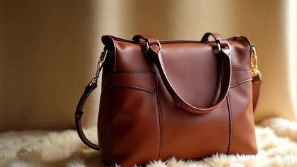 Elegant brown leather tote bag presentation with soft lighting, modern design - Powered by Adobe