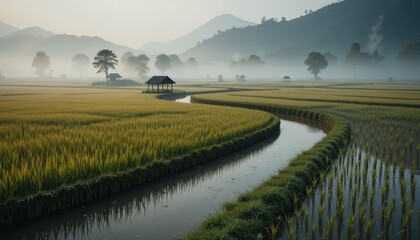 Obraz premium Serene Morning Mist Over Lush Green Rice Field Landscape