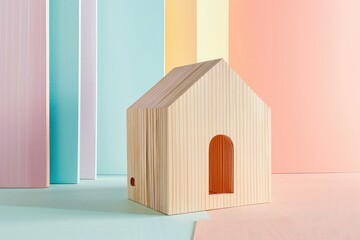 Miniature wooden house on pastel background ,Model of a family house isolated on white background ,A small wooden house sitting on top of a wooden table