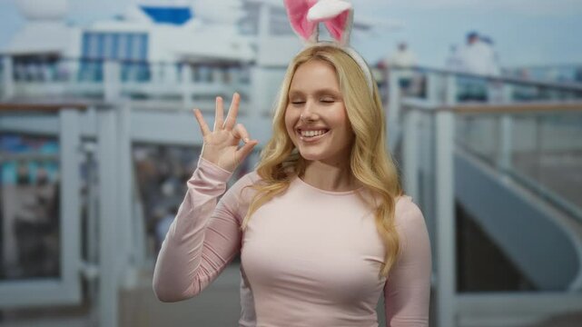 Young blonde woman with bunny ears making an ok gesture on a cruise ship, smiling in a fun setting.