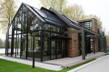 Obraz premium Modern Glass House Design with Green Features and Natural Surroundings