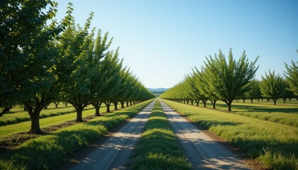 Obraz premium Serene Pathway Through Lush Green Orchard Under Clear Blue Sky