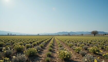Fototapeta premium Expansive Lavender Fields Under Clear Blue Sky in Rural Landscape