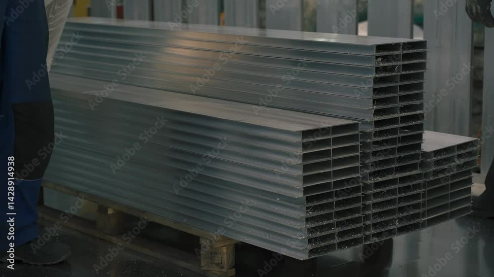 Poster a skilled worker carefully transports aluminum components for assembly, focusing on precision and qu