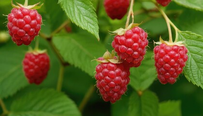 A CloseUp of Fresh Raspberries with Green Leaves
1