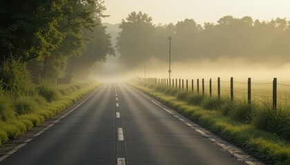 Fototapeta premium Serene Morning Road Amidst Misty Landscape and Lush Greenery