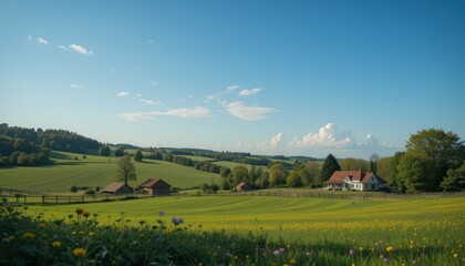 Obraz premium Serene Countryside Landscape with Green Fields and Clear Sky