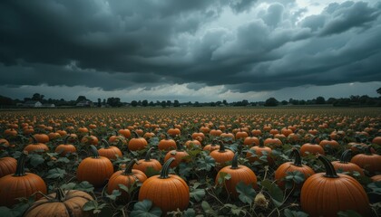 Expansive Pumpkin Field Under Dramatic Stormy Sky