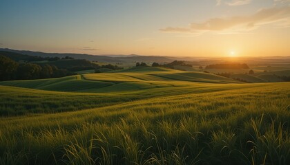 Fototapeta premium Serene Sunset Over Rolling Hills and Lush Green Fields