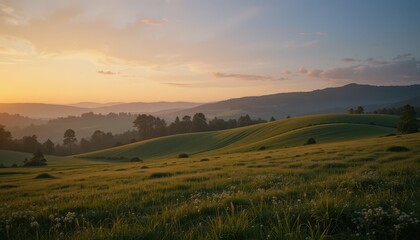 Fototapeta premium Serene Sunset Over Rolling Hills and Lush Green Landscape