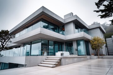 Modern Minimalist Architecture with Glass Facade in Foggy Setting