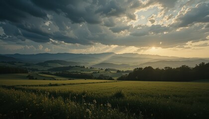 Fototapeta premium Serene Landscape with Dramatic Clouds and Golden Sunlight at Dusk